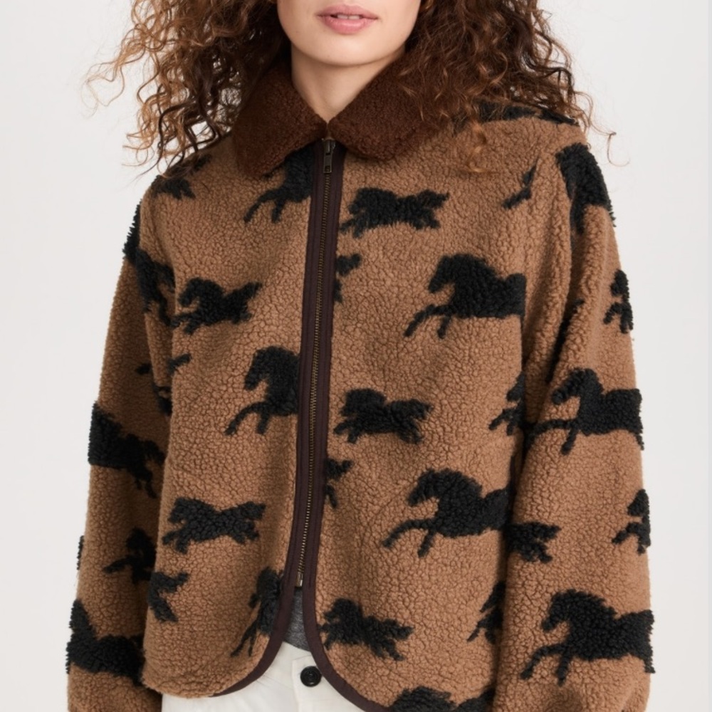The Great. Pasture Fleece Jacket w horse print and brown collar, S (1), EUC